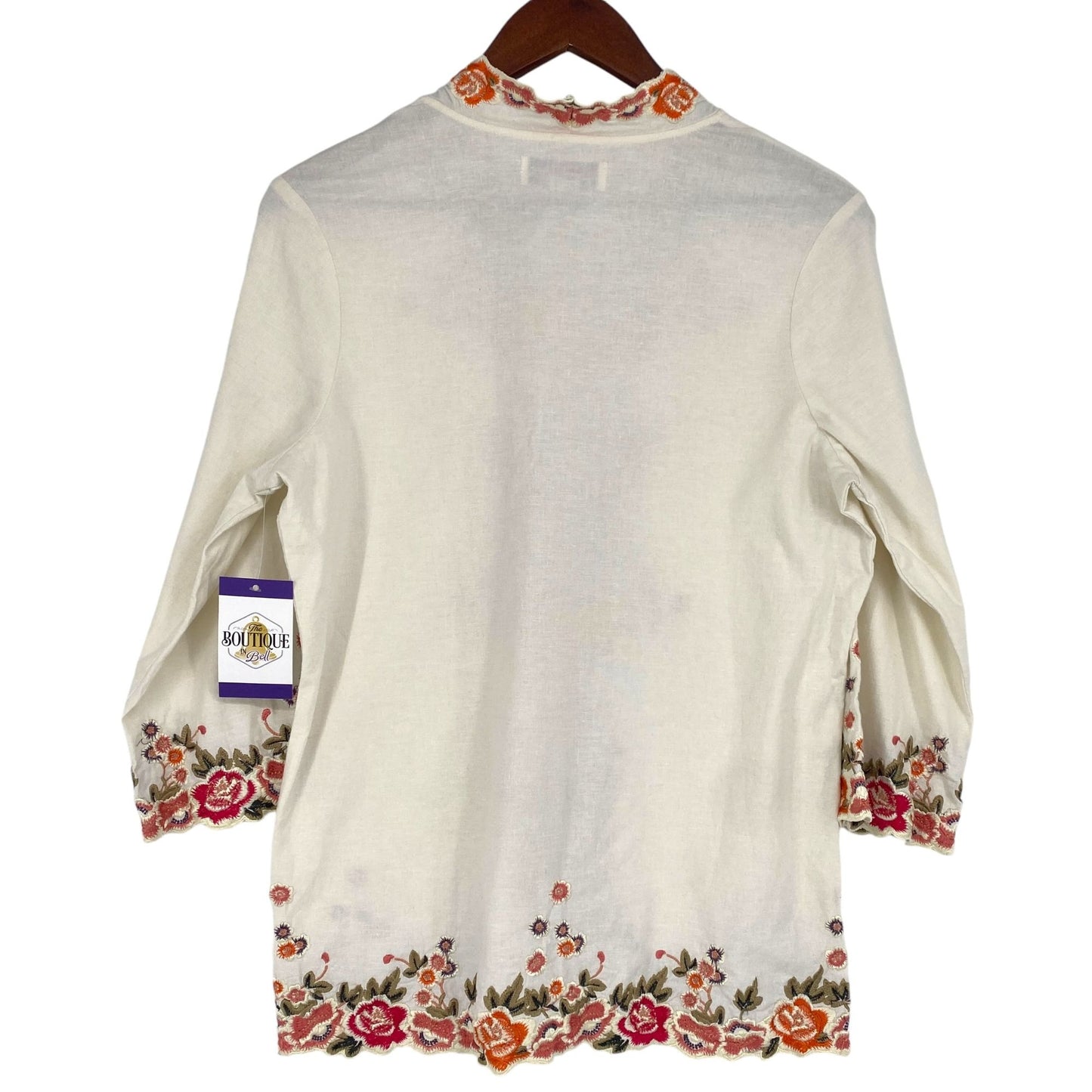 Susan Graver S Ivory Linen Floral Embroidered Tunic Top 3/4 Sleeve Stretch