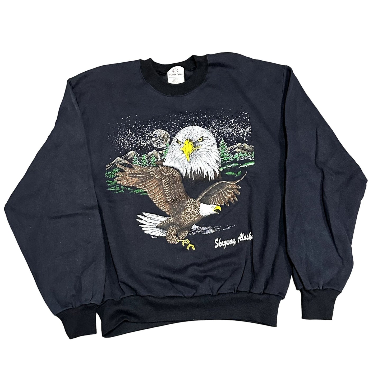 Vintage Beaver Creek L Skagway Alaska Crewneck Sweatshirt Bald Eagle Black 1980s