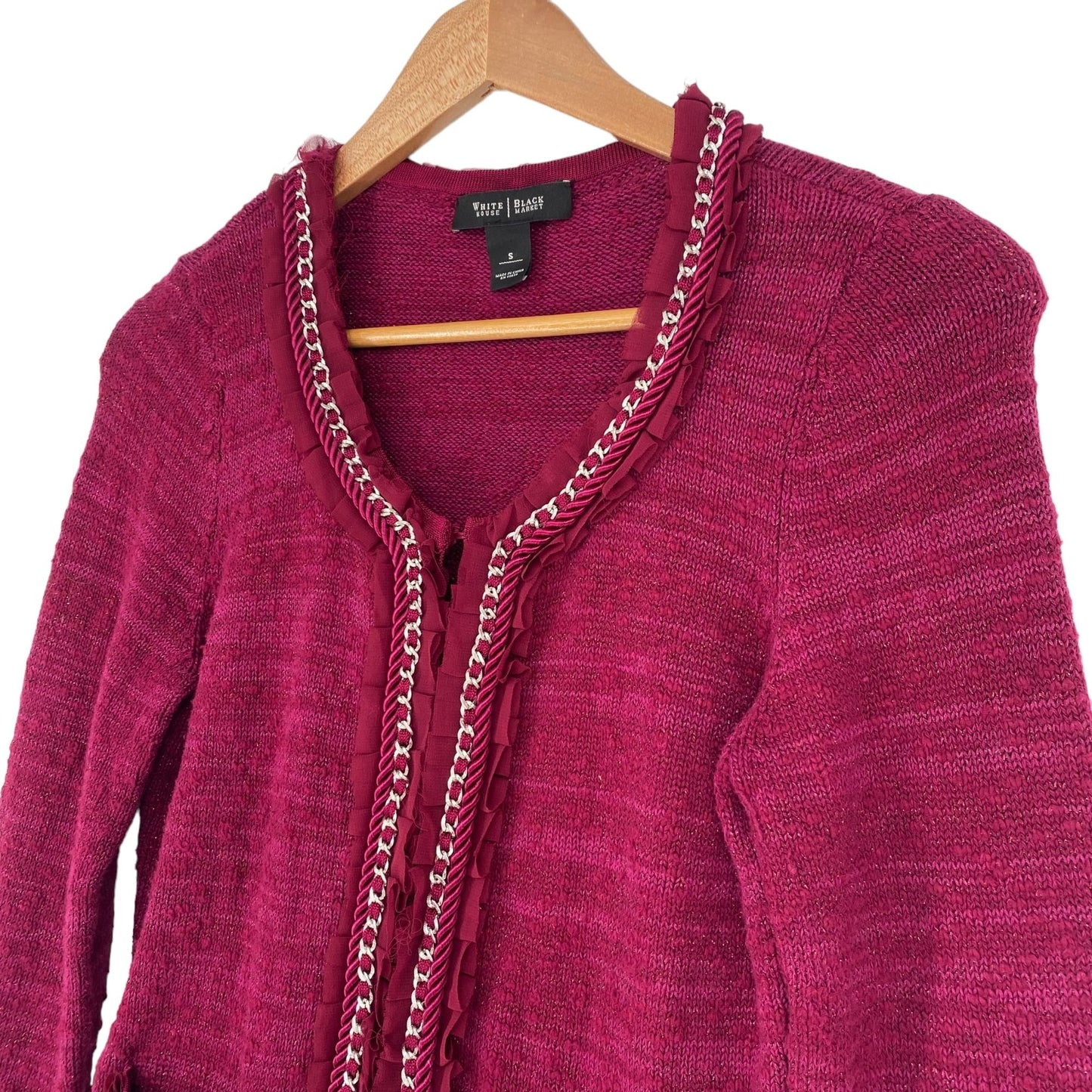 White House Black Market S Fuchsia Pink Cardigan Sweater Chain Ruffle Trim