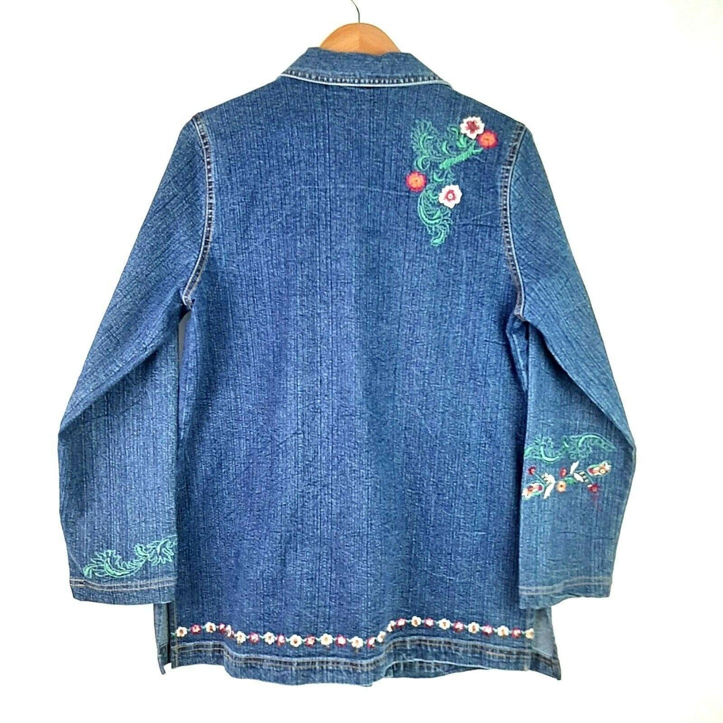 Vintage Two Twenty Collection Womens M Blue Jean Jacket Floral Embroidered Denim