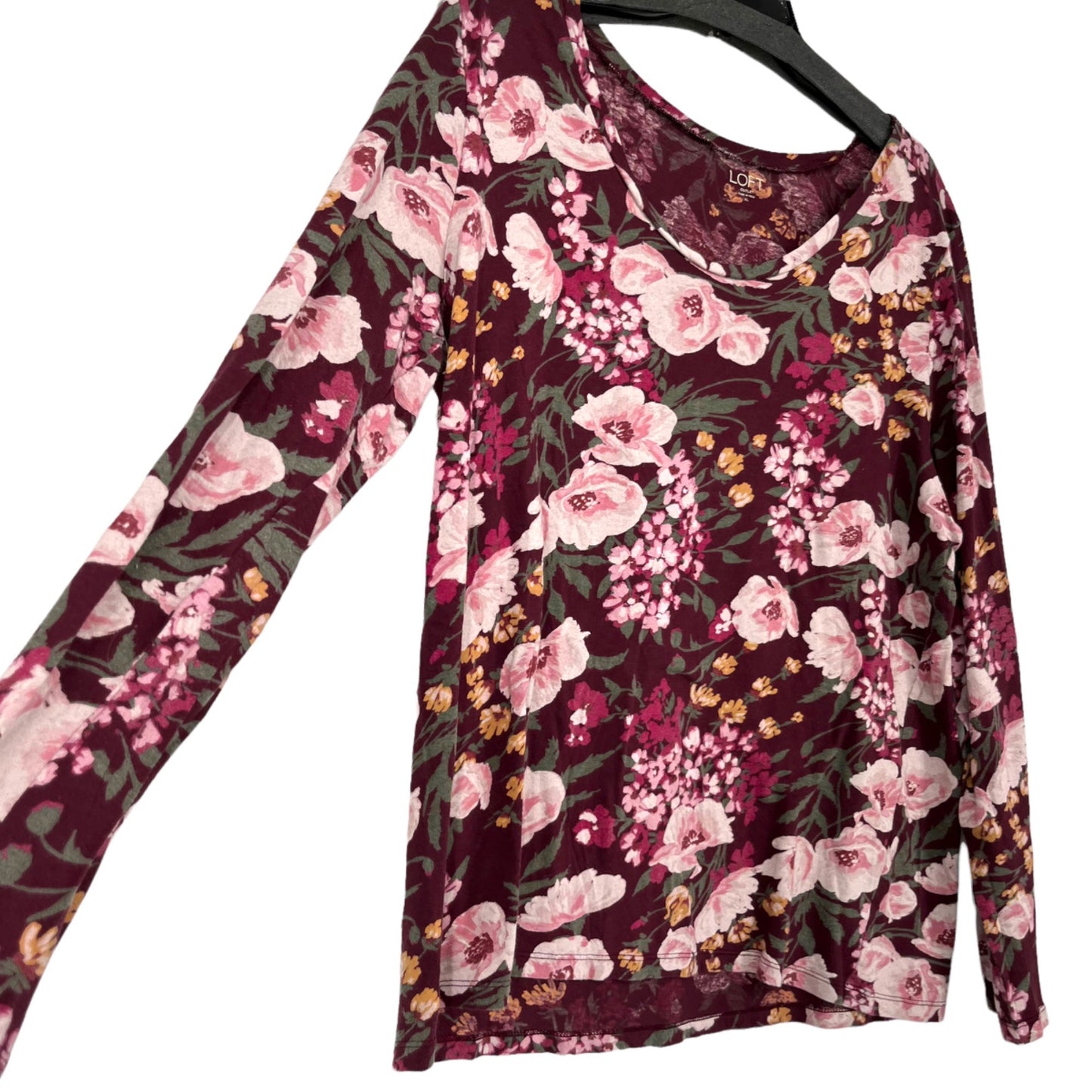 LOFT Outlet Womens XL Floral Maroon Long Sleeve Tshirt Pink Roses Round Neck