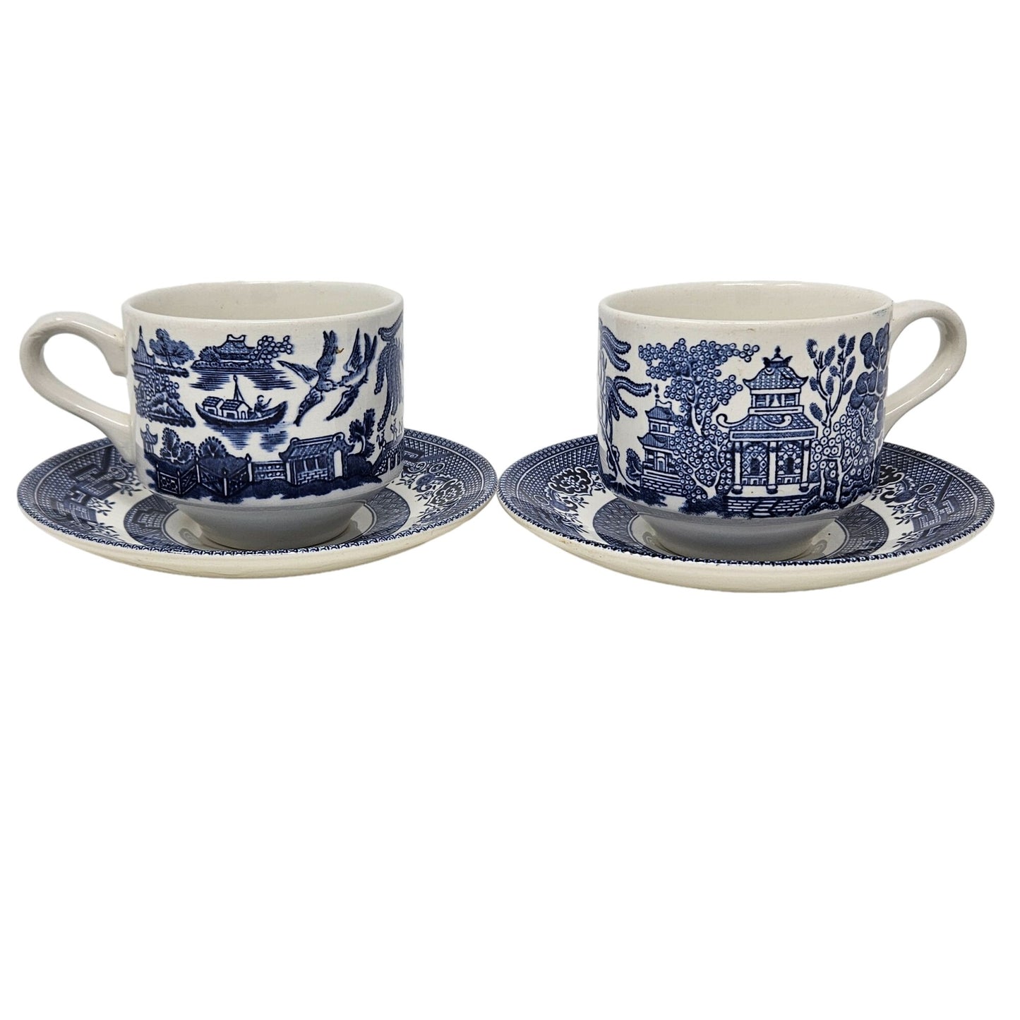 Vintage Churchill Blue White Willow Tea Cup and Saucer Set of 2 England 1950s