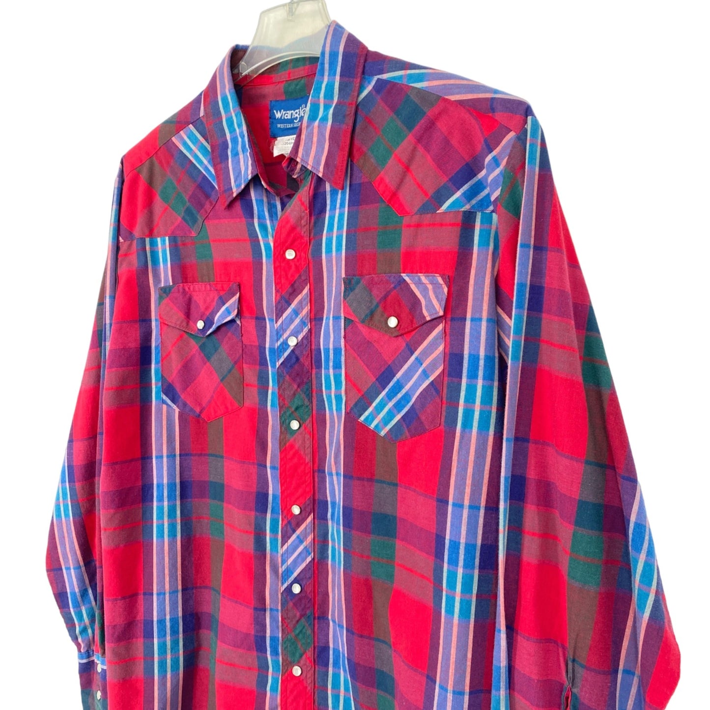 Vintage Wrangler XL Plaid Pearl Snap Button Up Red Blue Long Sleeve Western