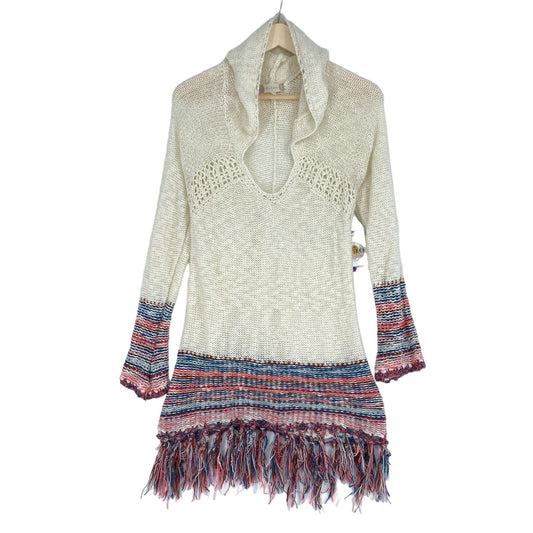 Altar'd State Womens S Boho Fringe Knit Sweater Tunic Dress Hoodie Multicolor