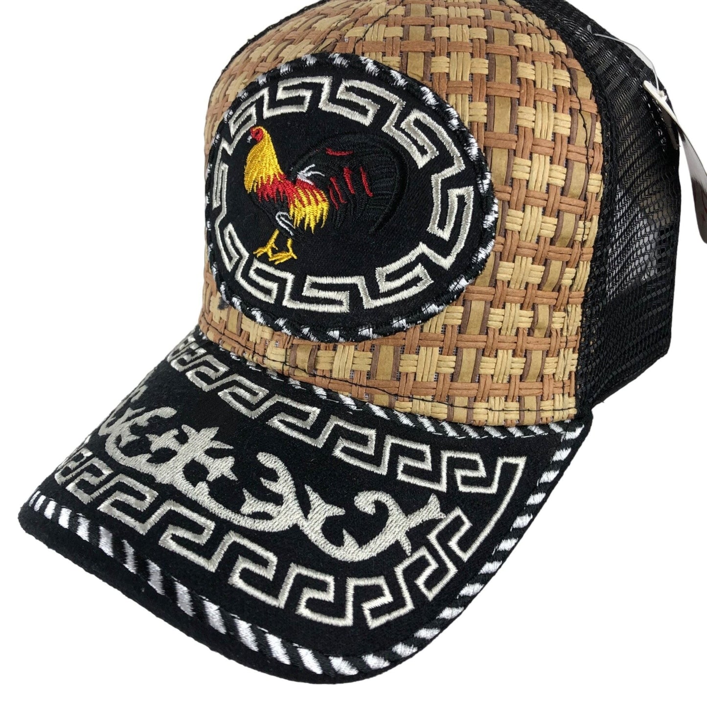 Western Cowboy Style Hat Snapback Trucker Embroidered Rooster Woven Straw Cock