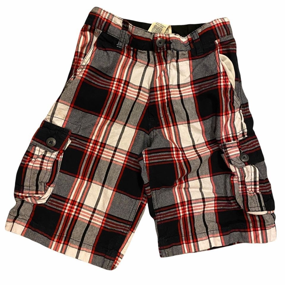 Old Navy & Faded Glory Boys 10 Adjustable Waist Cargo Shorts Gray Red Blue Plaid