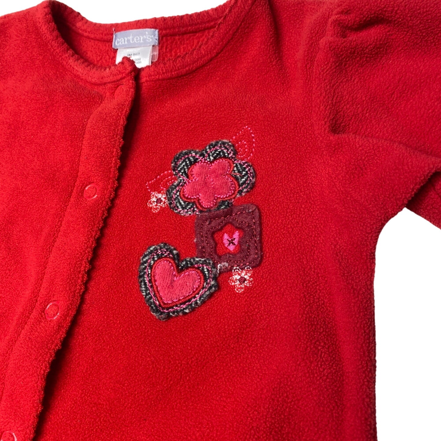 Carters 9M Red Fleece Onesie Full Snap Pretty Heart Floral Embroidered Valentine