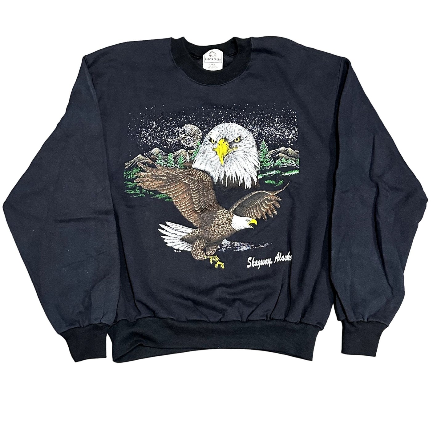 Vintage Beaver Creek L Skagway Alaska Crewneck Sweatshirt Bald Eagle Black 1980s