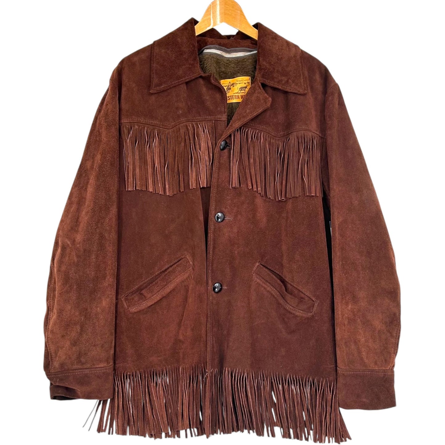 Vintage Sears Western Fringe Coat BOHO Cowboy Suede Leather Jacket Mens 44 Tall