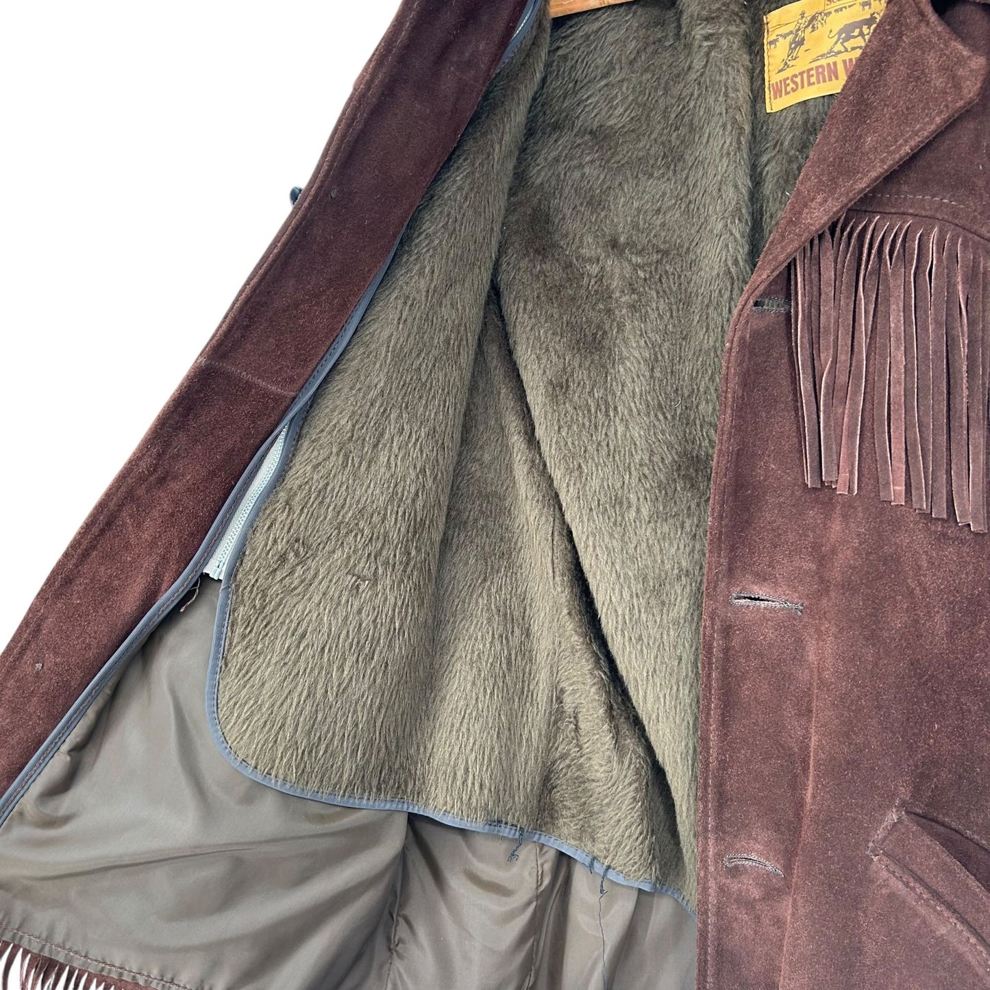 Vintage Sears Western Fringe Coat BOHO Cowboy Suede Leather Jacket Mens 44 Tall