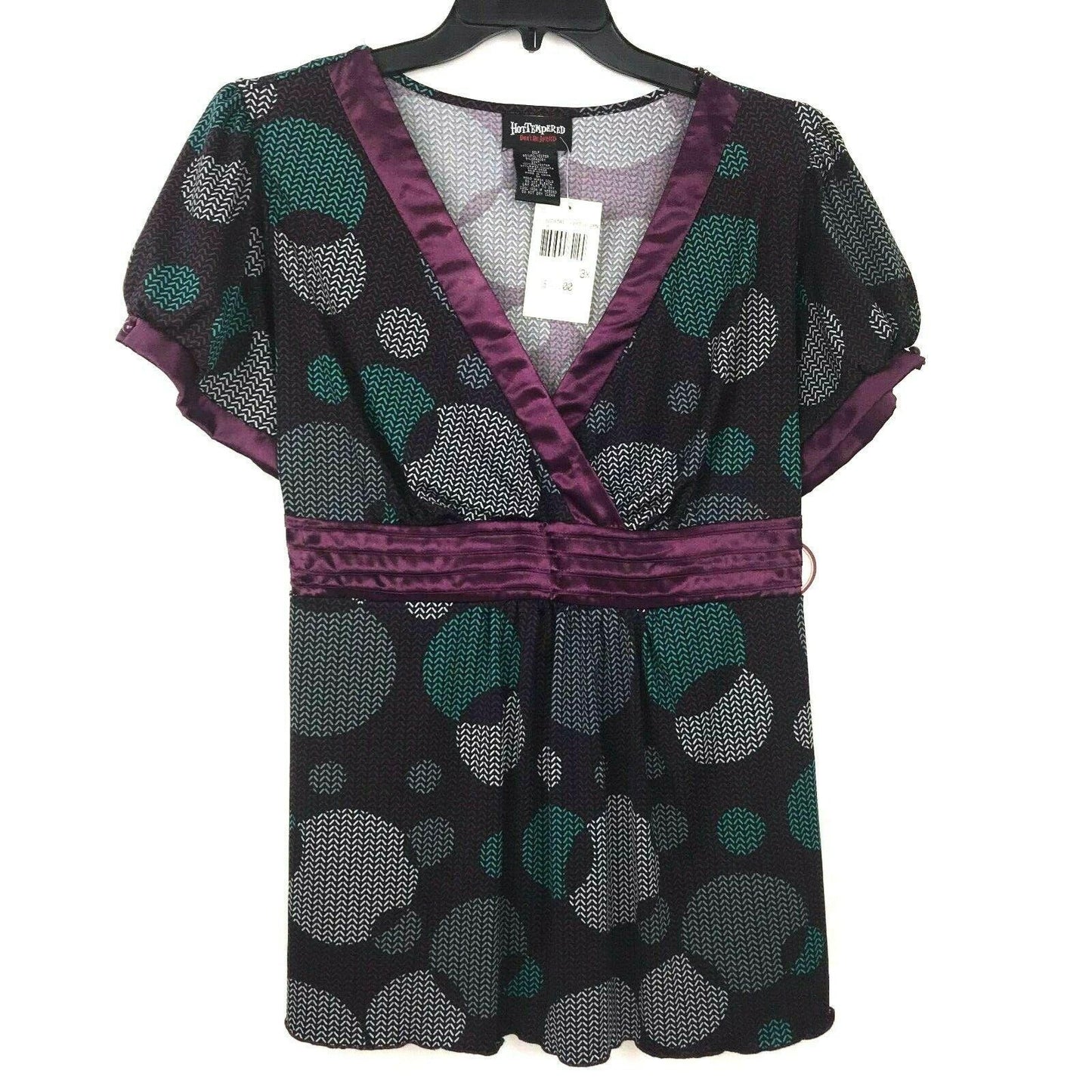 NWT Hot Tempered 3XL Purple Black Print Satin Trim Blouse Surplice VNeck Tie