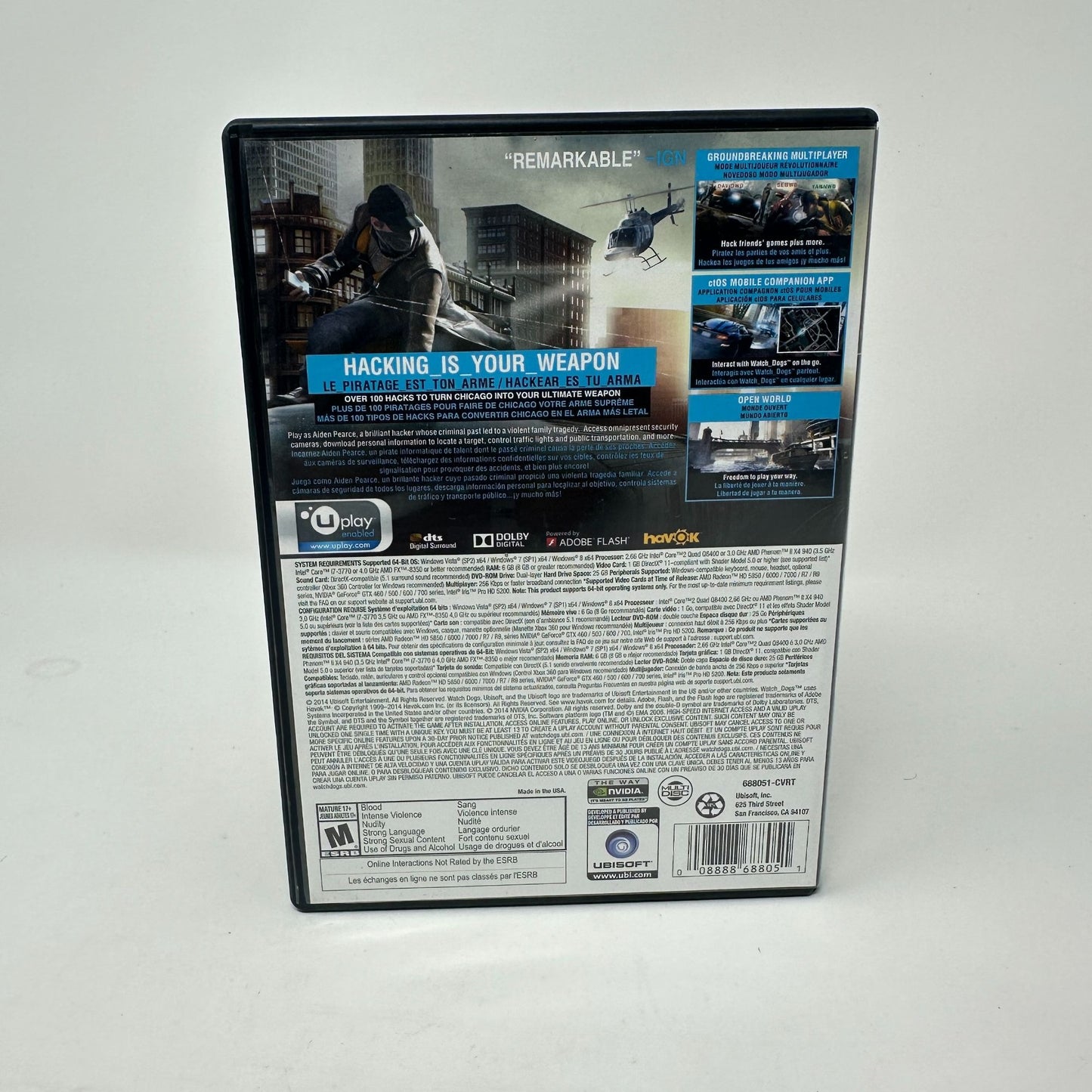 Watch Dogs PC DVD-ROM Computer Ubisoft Video Game in Case w/ Codes and Manual