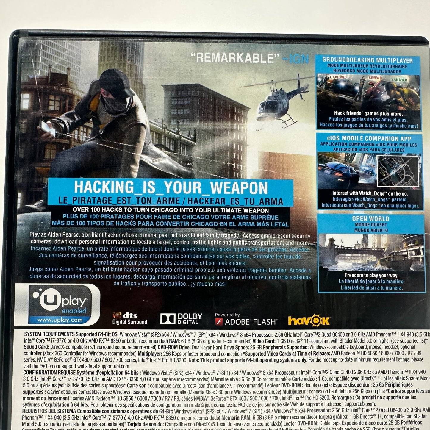 Watch Dogs PC DVD-ROM Computer Ubisoft Video Game in Case w/ Codes and Manual