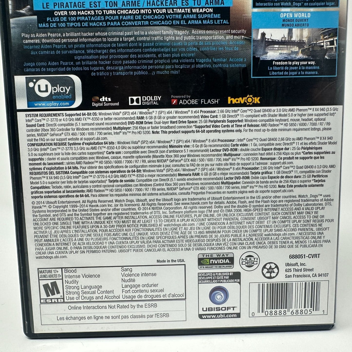 Watch Dogs PC DVD-ROM Computer Ubisoft Video Game in Case w/ Codes and Manual