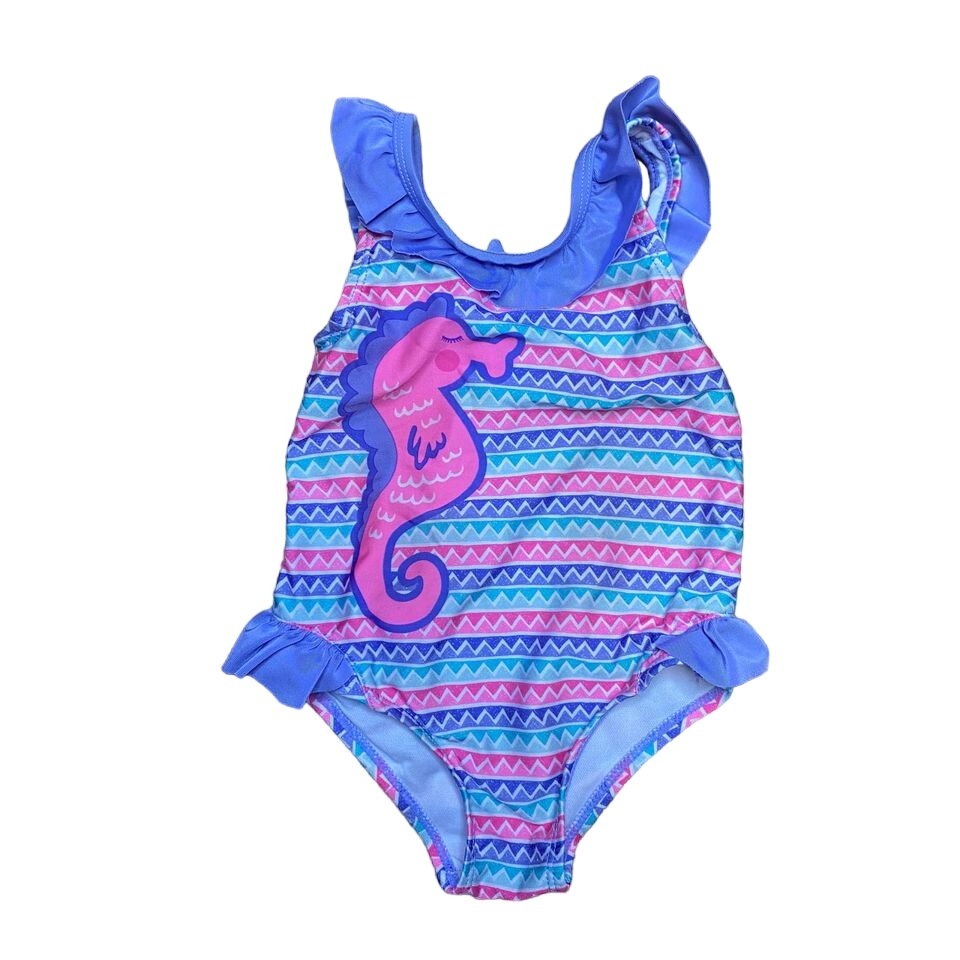 Nursery Rhyme 18M Seahorse Swimsuit Purple Pink Ruffles Chevron Print