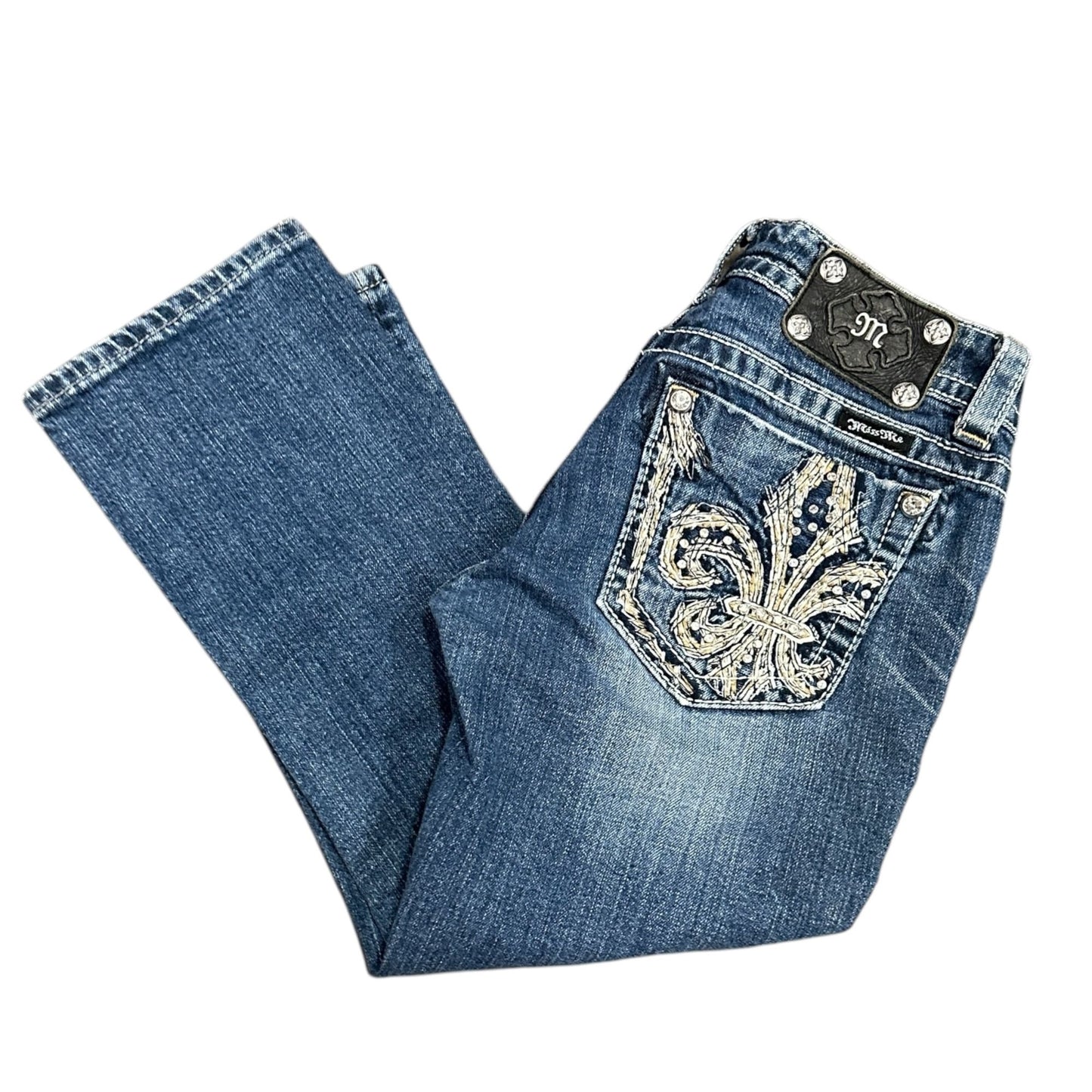 Miss Me 27 Capri Blue Jeans Fluer De Lis Embroidered Bling Distressed Studs