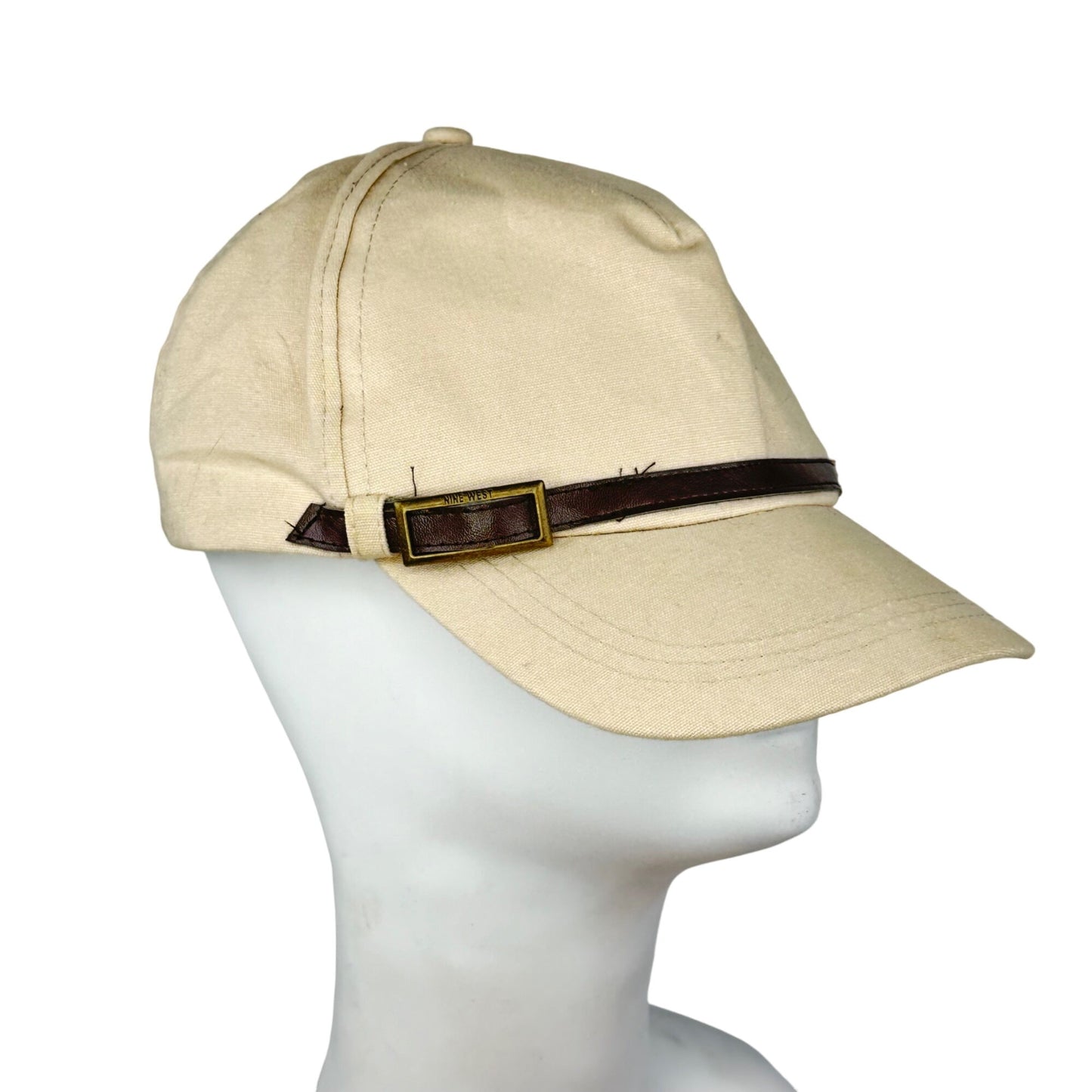 Nine West Womens Cream Newsboy Cap Hat Leather Trim Buckle One Size