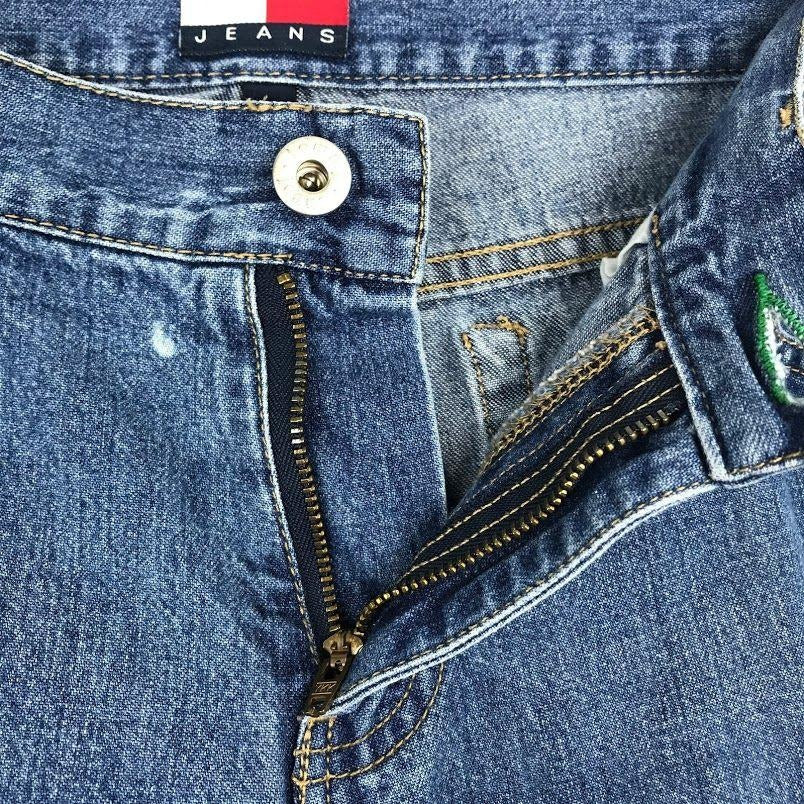 Tommy Jeans Womens 7 Cropped Blue Denim Jeans Medium Wash Straight Leg Flag Logo