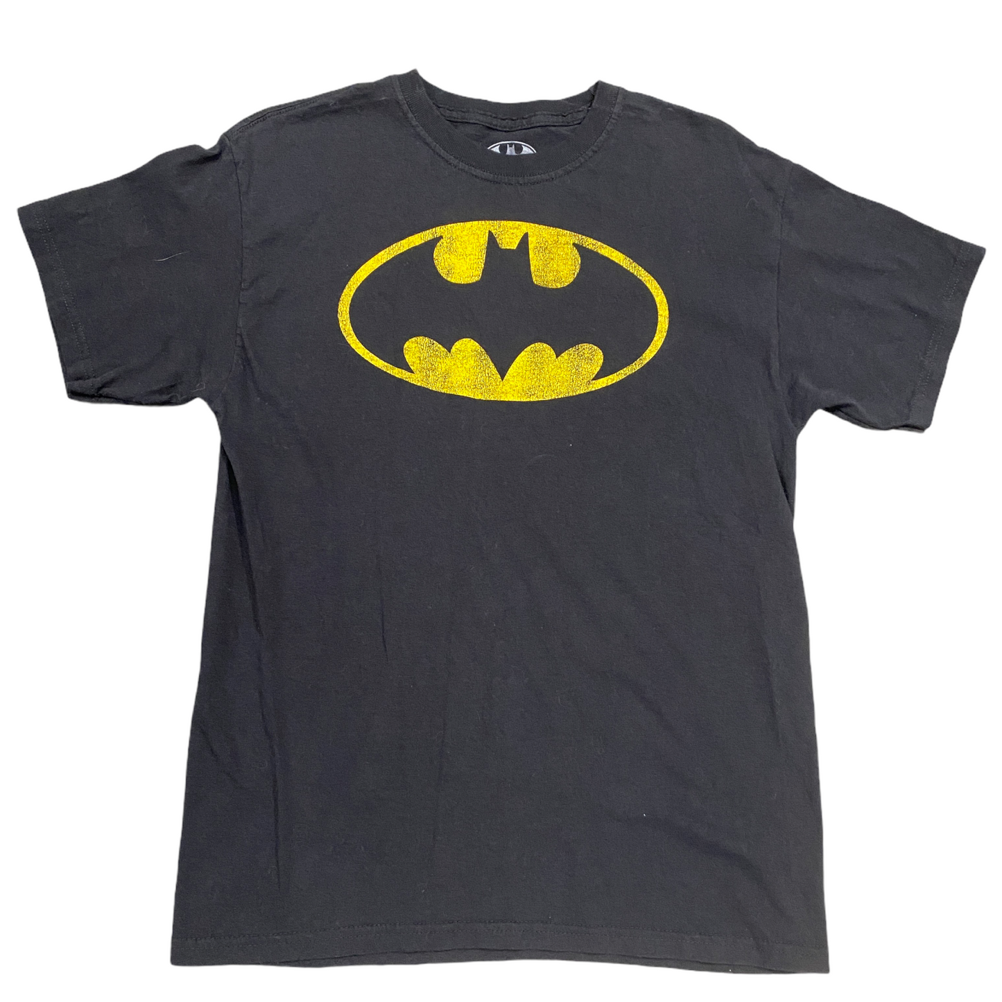 Batman Mens M Black Tshirt Yellow Bat Logo Graphic Print Short Sleeve Crew Neck