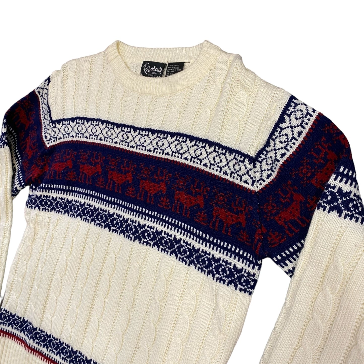 Vintage Robinsons Florida Store Mens L Beige Sweater Red Reindeer Blue Fair Isle