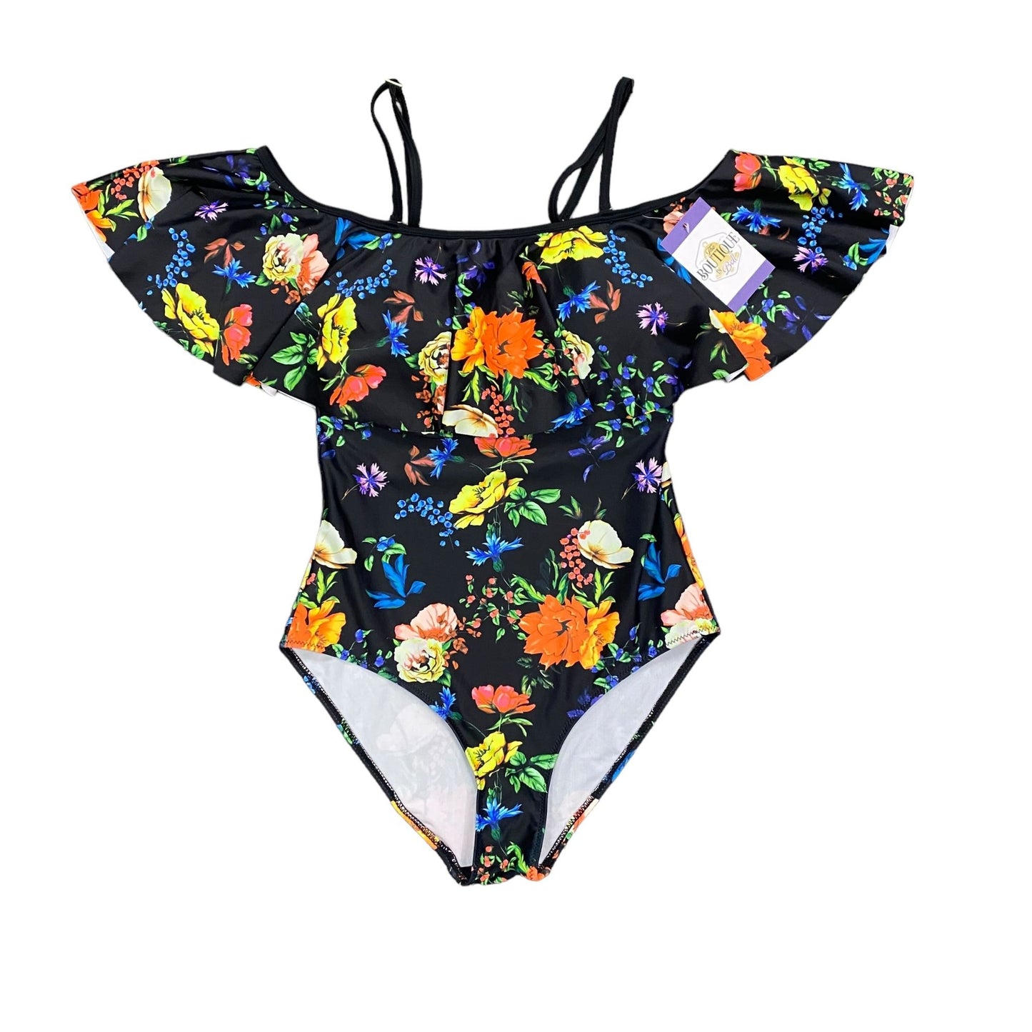 NWT Tempt Me S Black Floral Swimsuit Ruffle Top Molded Cup Tropical Print