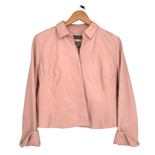 Banana Republic M Plush Pink Soft Leather Jacket Hook Eye Cuffed Collared Casual