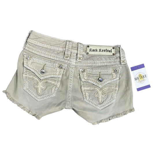 Rock Revival Angie Shorts 25 Gray Denim Cut Off Thick Stitch Flap Pockets Bling