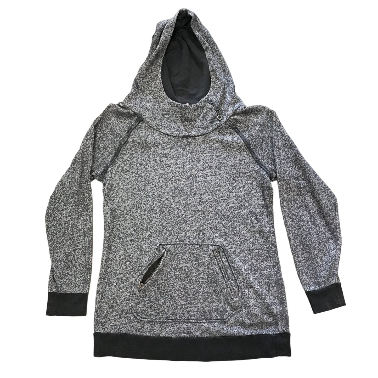 Roxy XL Gray Hoodie Zip Kangaroo Pockets Button Cowl Neck Logo Raw Seam