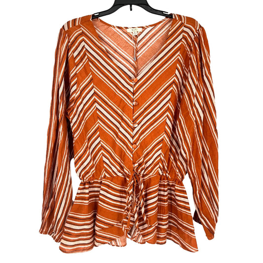 Kori Womens M Orange Peplum Peasant Blouse Striped Waist Ruffle Button Front Top