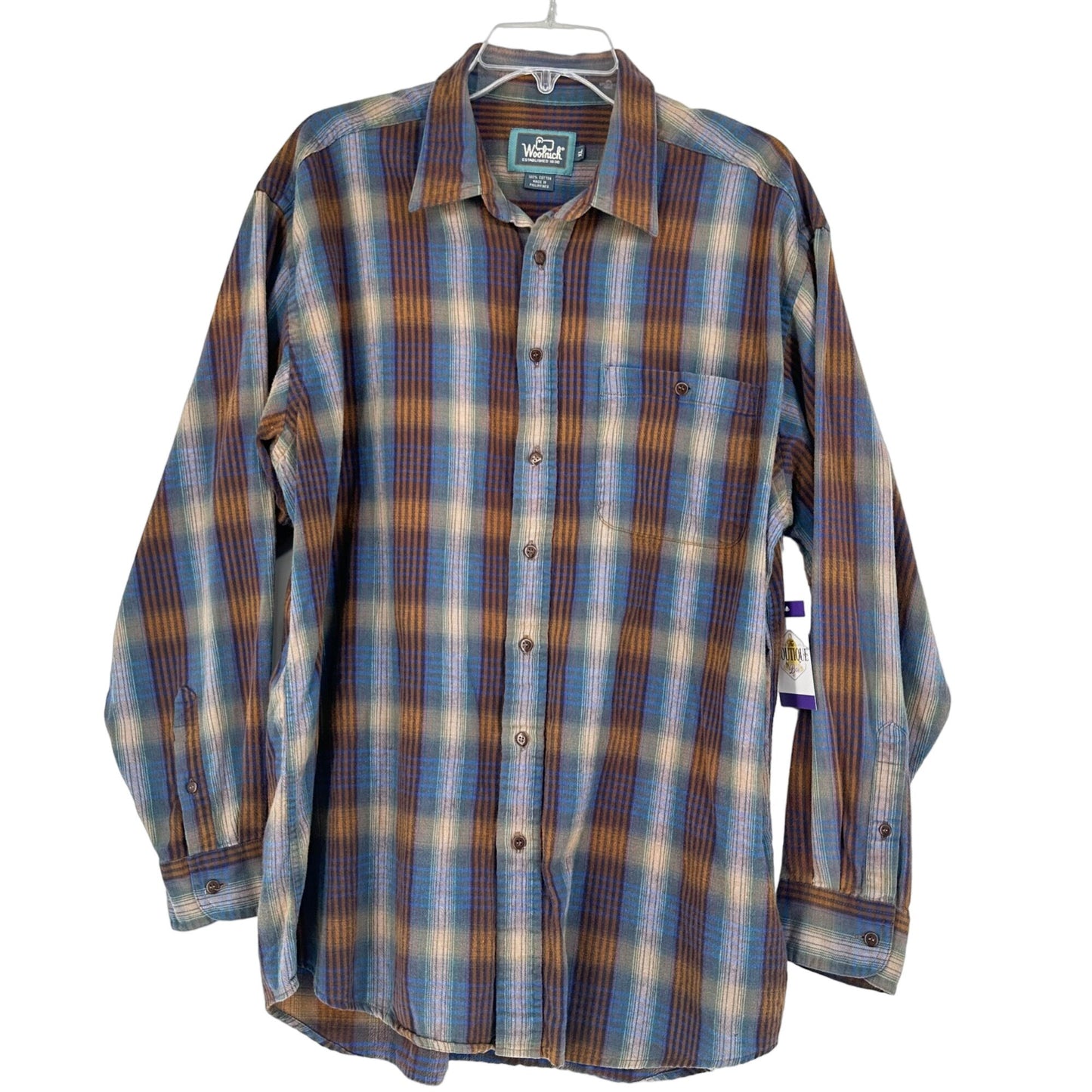 Woolrich XL Long Sleeve Light Flannel Button Front Blue Brown Plaid Front Pocket