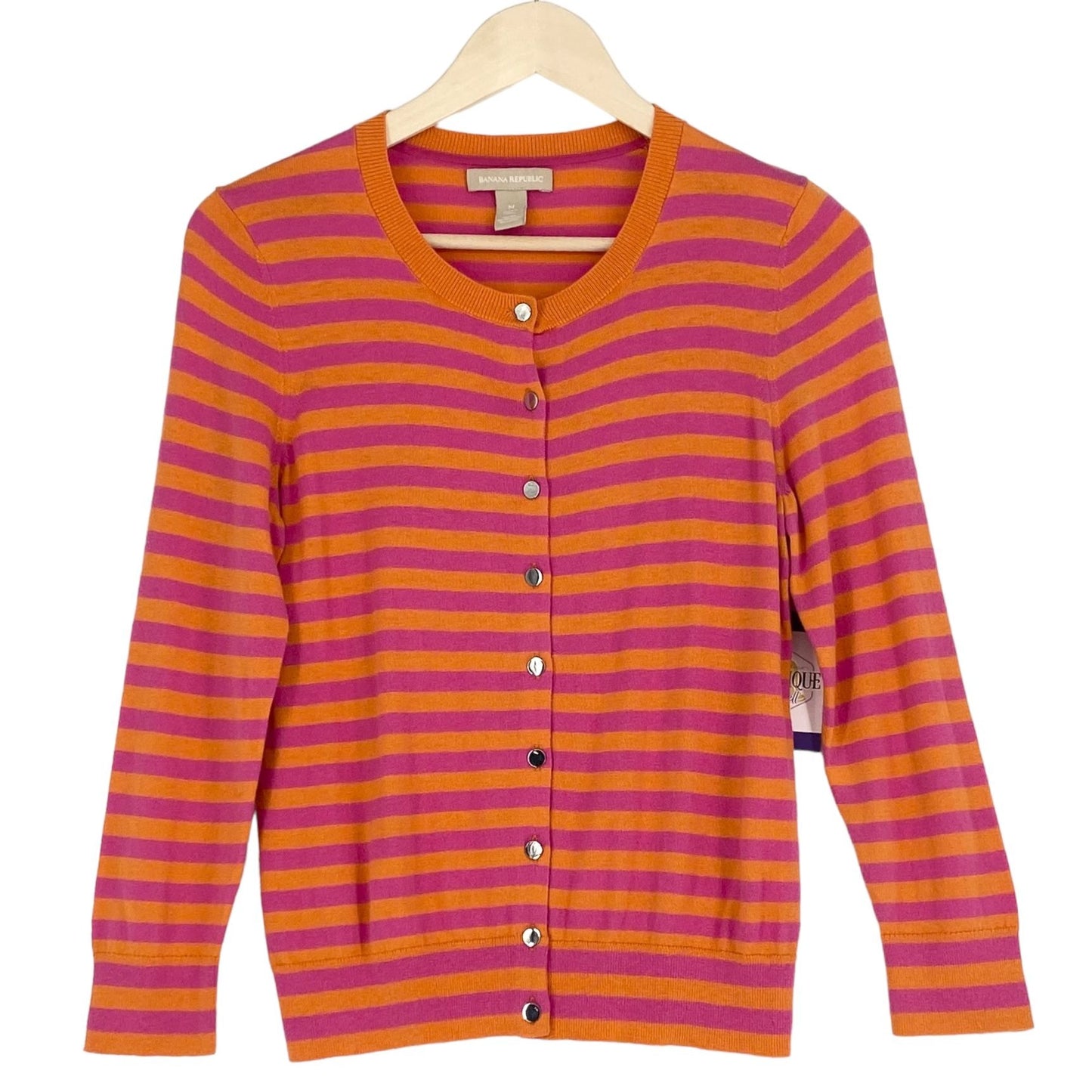 Banana Republic Womens M Front Button Cardigan Sweater Pink Orange Striped Silk