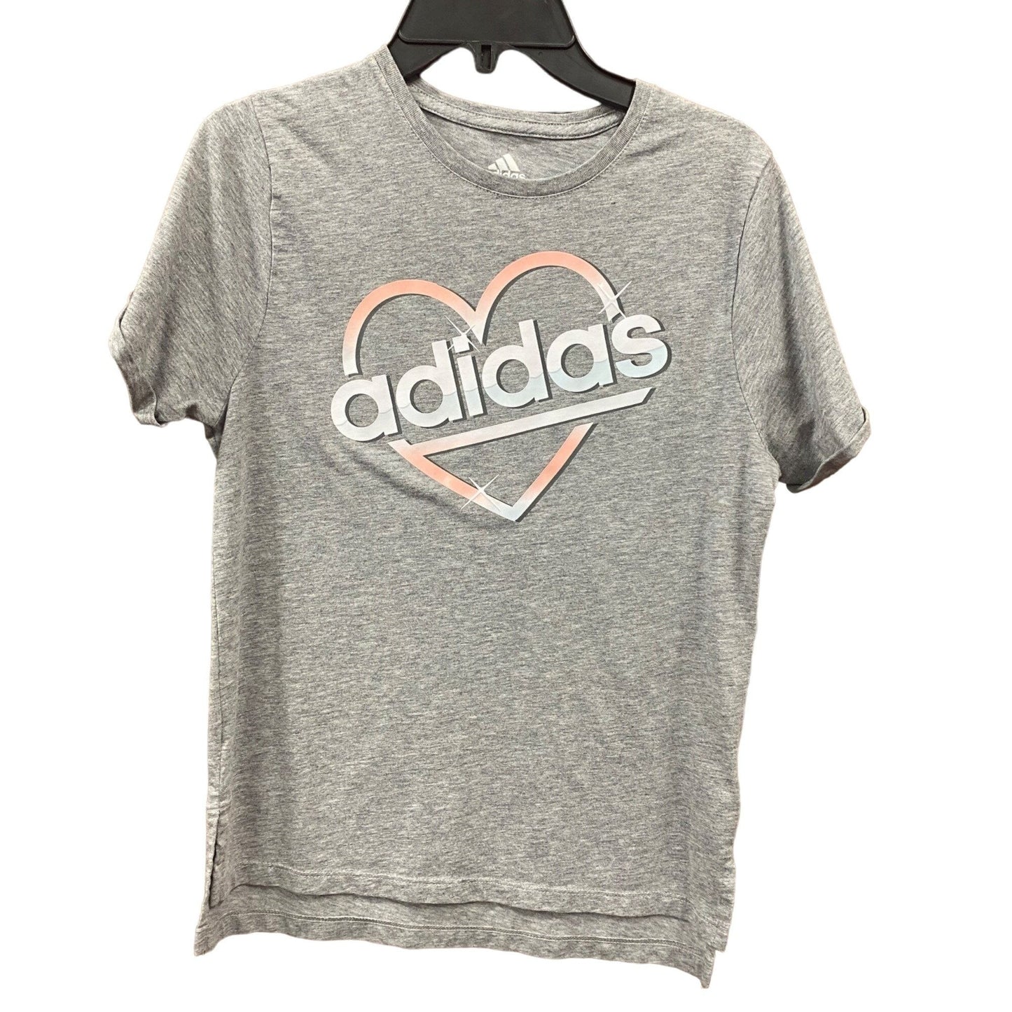 Adidas Logo Heart Youth L Gray Tshirt Cuffed Short Sleeve Split High-Low Hem