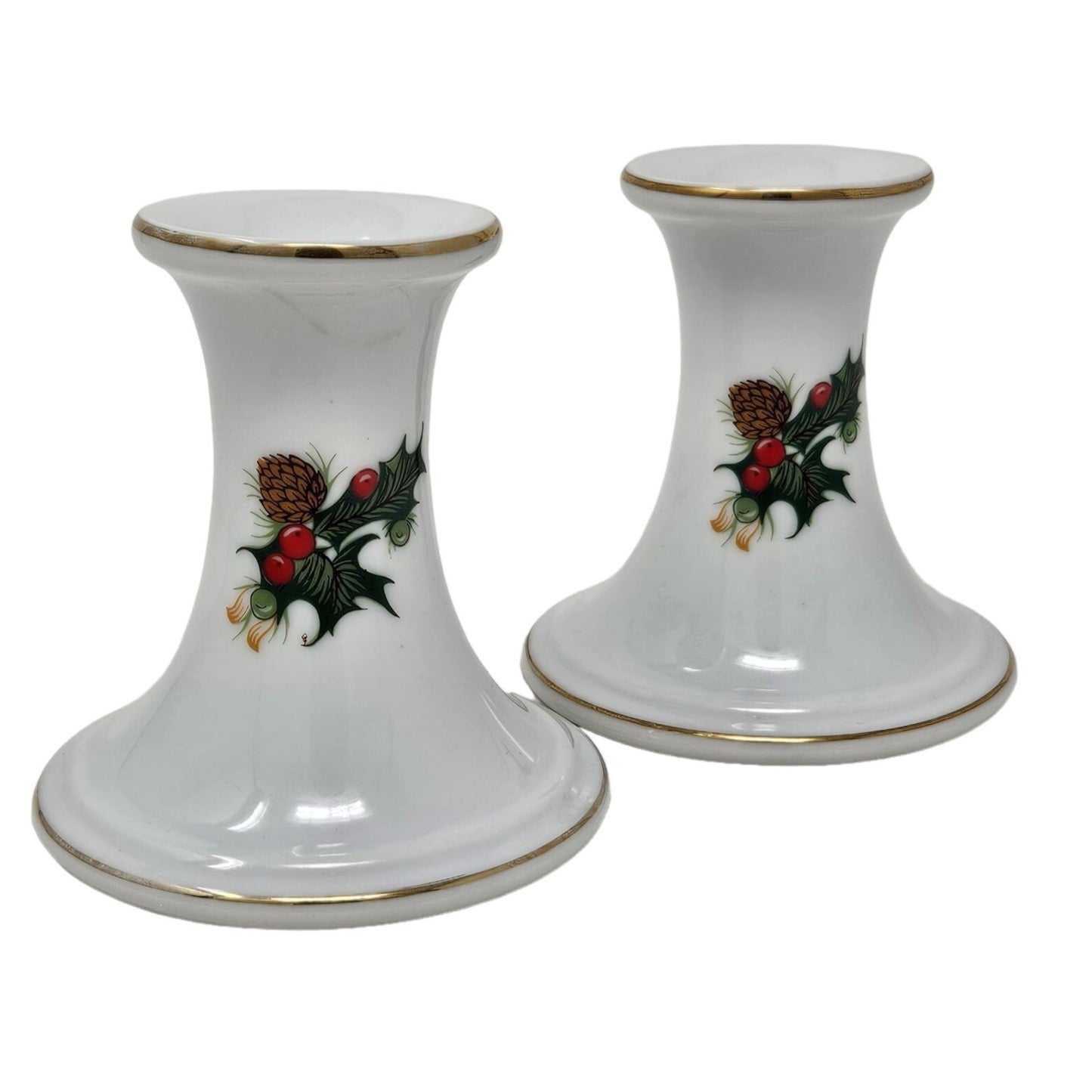 Vintage Porcelain Candlestick Set Holly Berries Pine Cones Christmas Japan