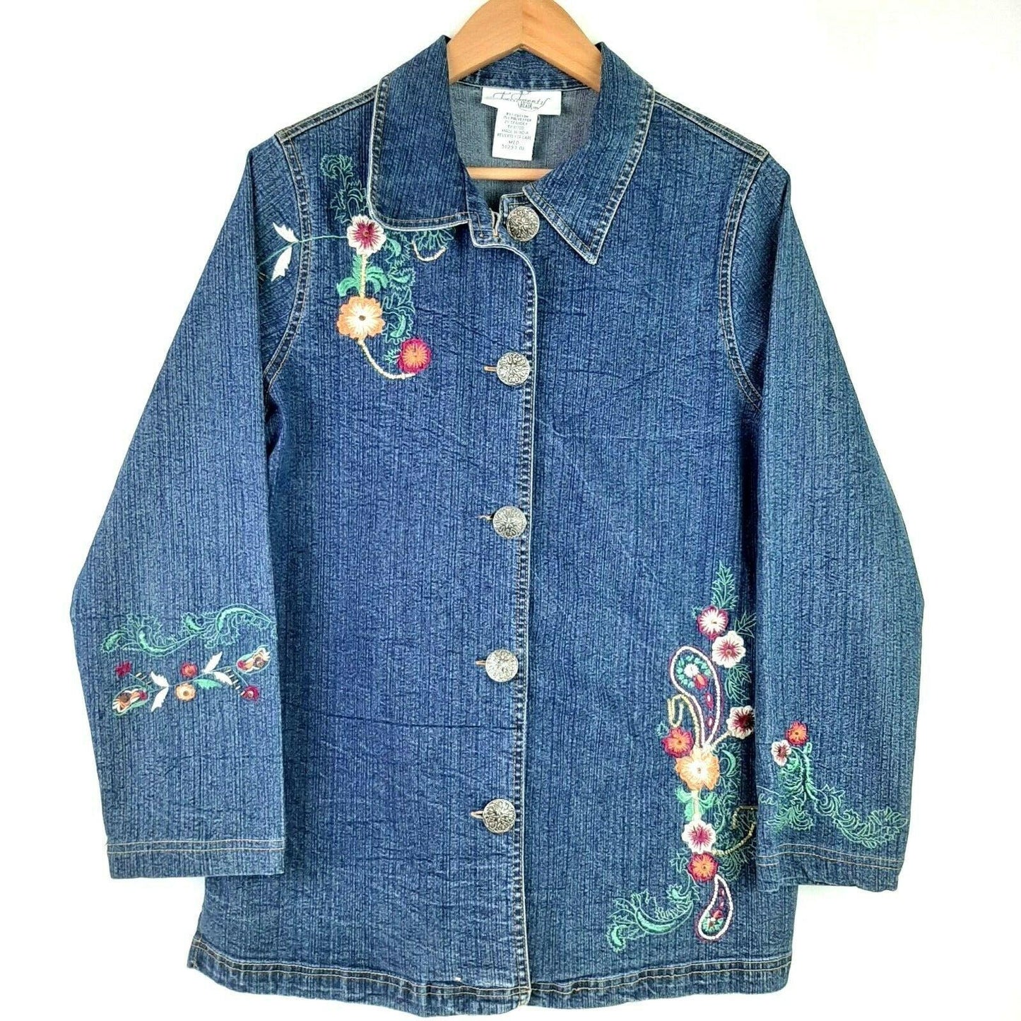 Vintage Two Twenty Collection Womens M Blue Jean Jacket Floral Embroidered Denim