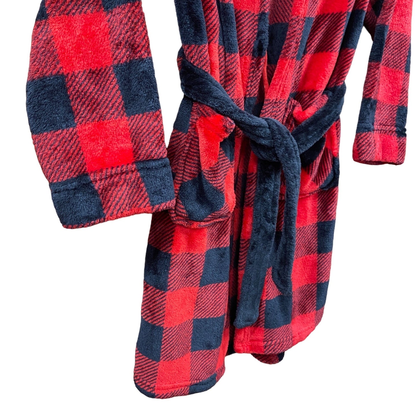 Cuddl Duds M 8/10 Youth Buffalo Plaid Plush Bath Robe Black Red Fuzzy Hooded