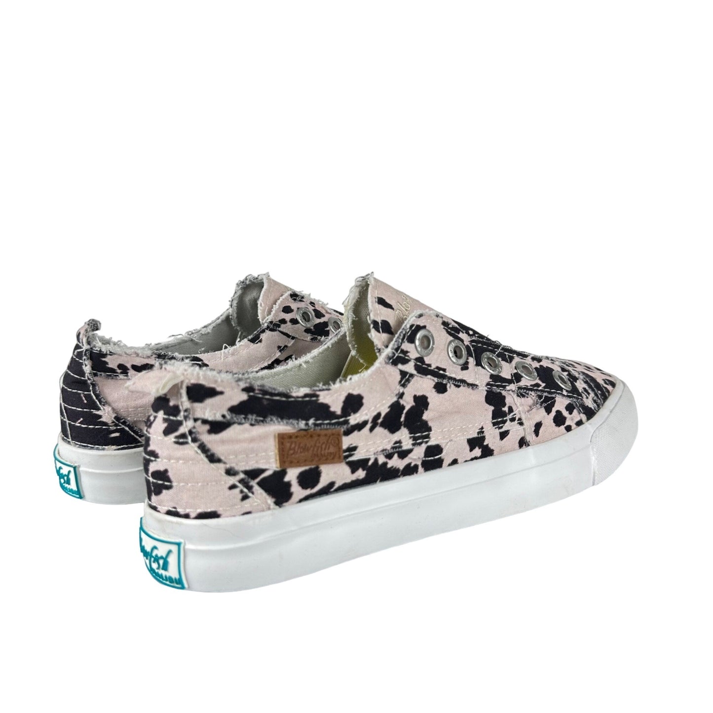 NWOB Blowfish Malibu Womens 9 Black White Cow Print Canvas Slip On Sneaker