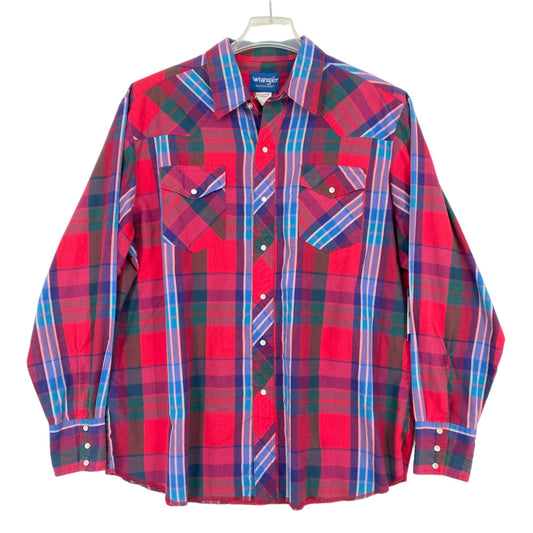 Vintage Wrangler XL Plaid Pearl Snap Button Up Red Blue Long Sleeve Western