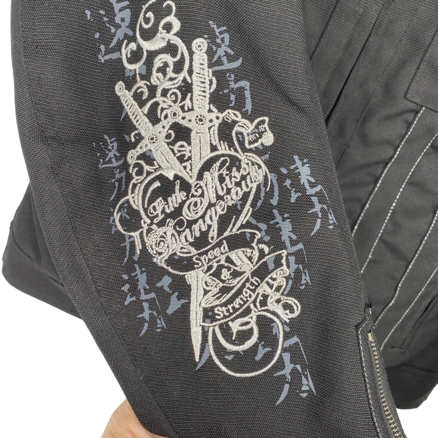 Speed and Strength L Black Motorcycle Jacket Embroidered “Little Miss Dangerous”