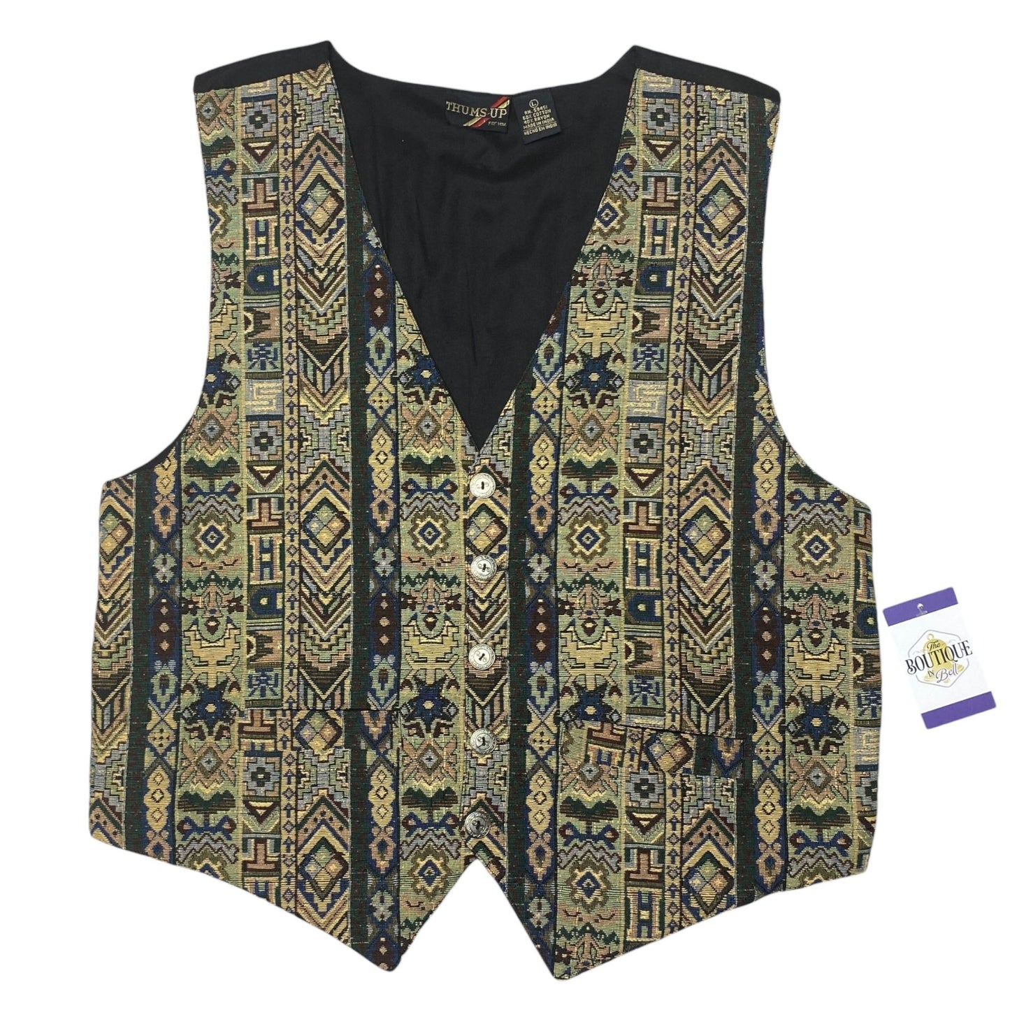 Thums Up Tapestry Vest Mens L Button Front Adjustable Tailored Aztec Grandpa NWT