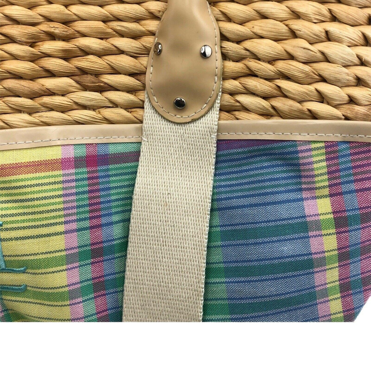 LRL Ralph Lauren Madras Plaid Tote Bag Picnic Basket Wicker Straw Preppy Beach