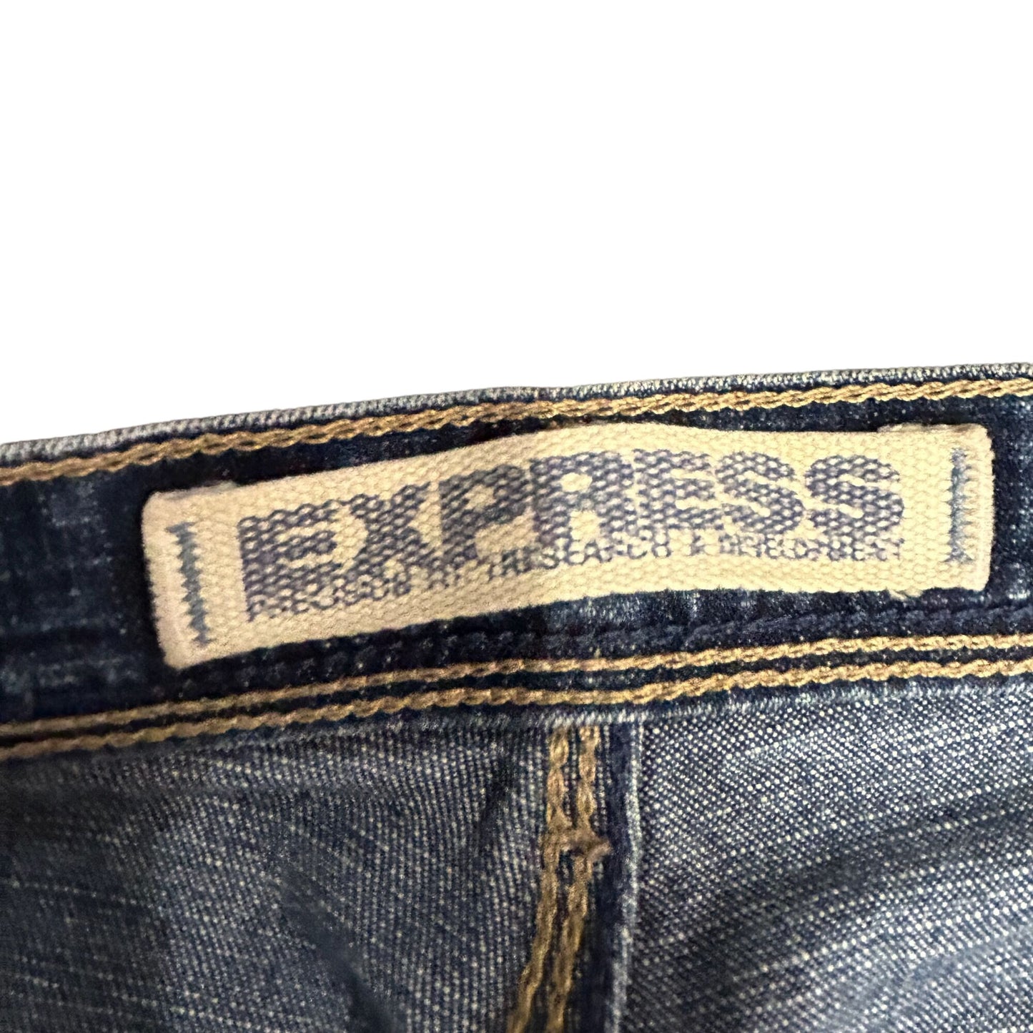 Express Womens 5/6 L Bootcut Blue Denim Jeans Dark Wash Faded 5 Pocket Belted