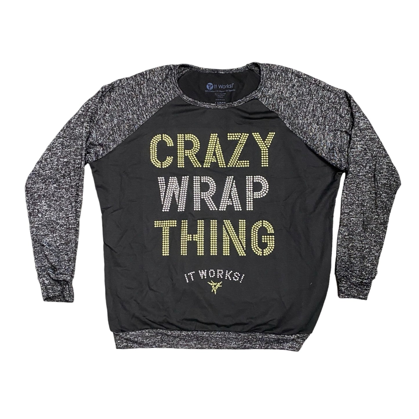 It Works! Distributor Shirt Womens L Crazy Wrap Thing Black Gray Long Sleeve