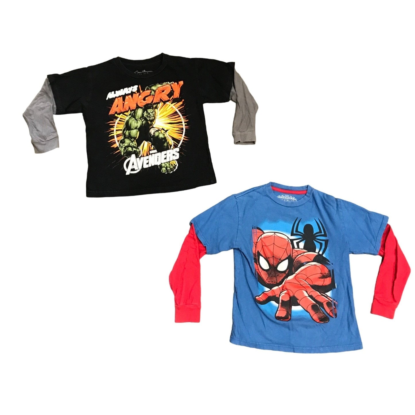 Marvel Boys 8 Tshirt Lot of 2 Spideman Hulk Avengers Long Sleeve Layered Look