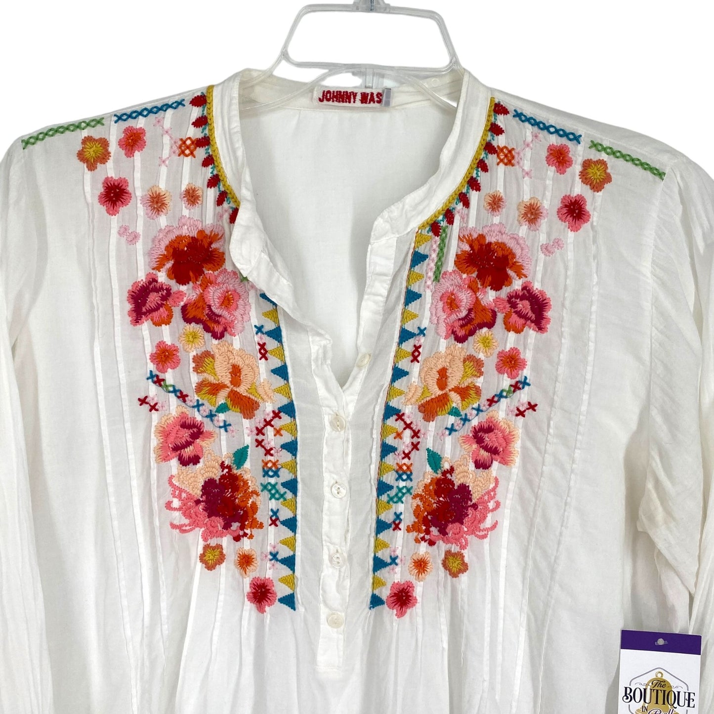 Johnny Was Womens L Boho Tunic Blouse White Floral Embroidery White Long Sleeve