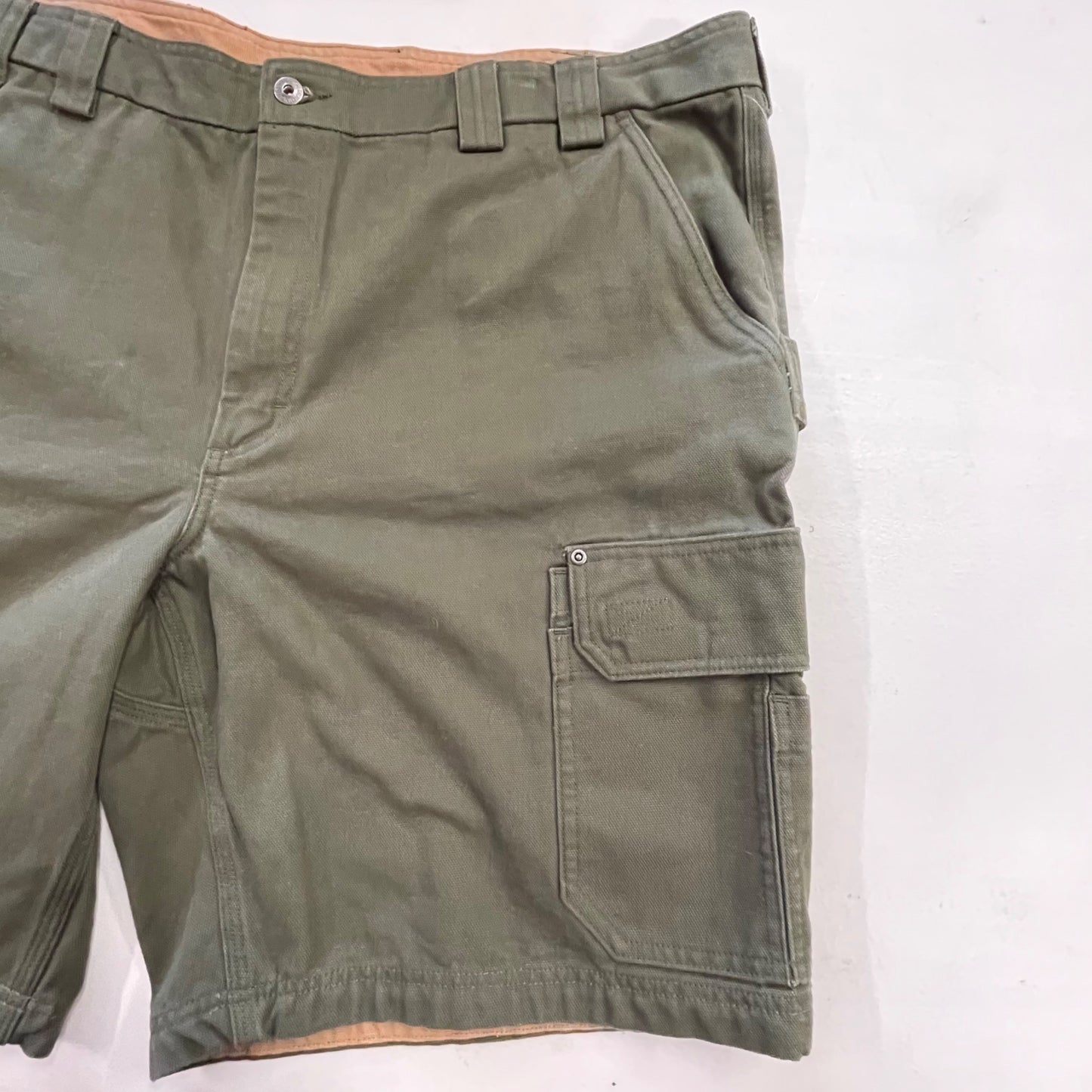 Duluth Trading Mens 46 Green Thick Canvas Cargo Shorts Utility Pockets Belted