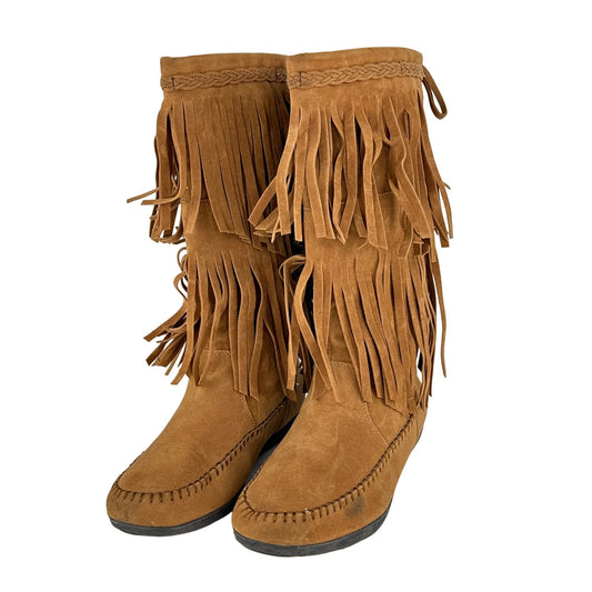 Rampage Womens 7.5 Cantrell Brown Fringe Pull On Boot Mid Calf Boho Hippie 70s