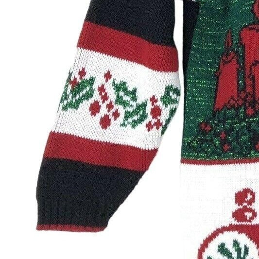 Vintage Nutcracker M Red Green Black Ugly Christmas Sweater Bells Presents Tree