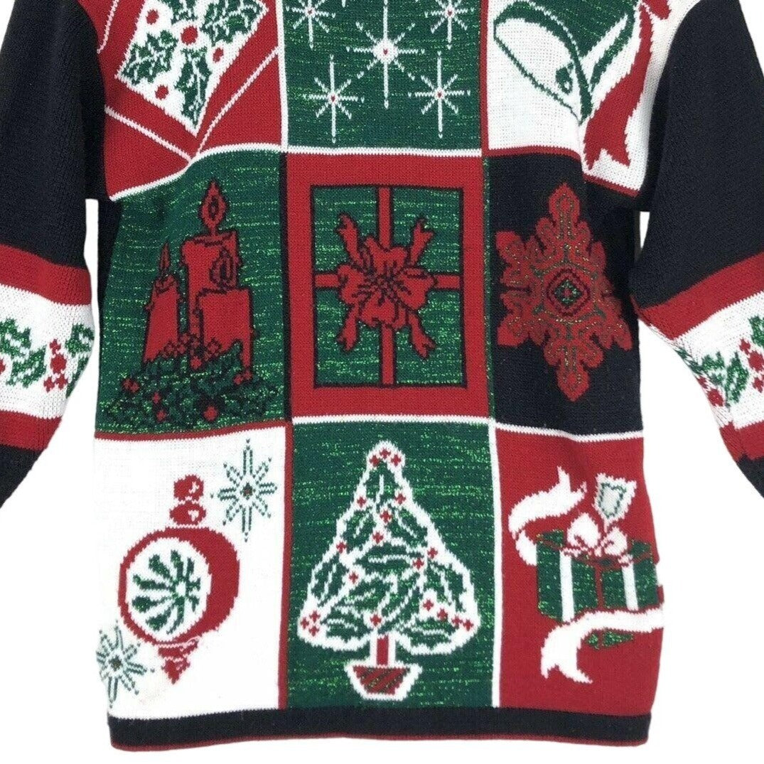 Vintage Nutcracker M Red Green Black Ugly Christmas Sweater Bells Presents Tree