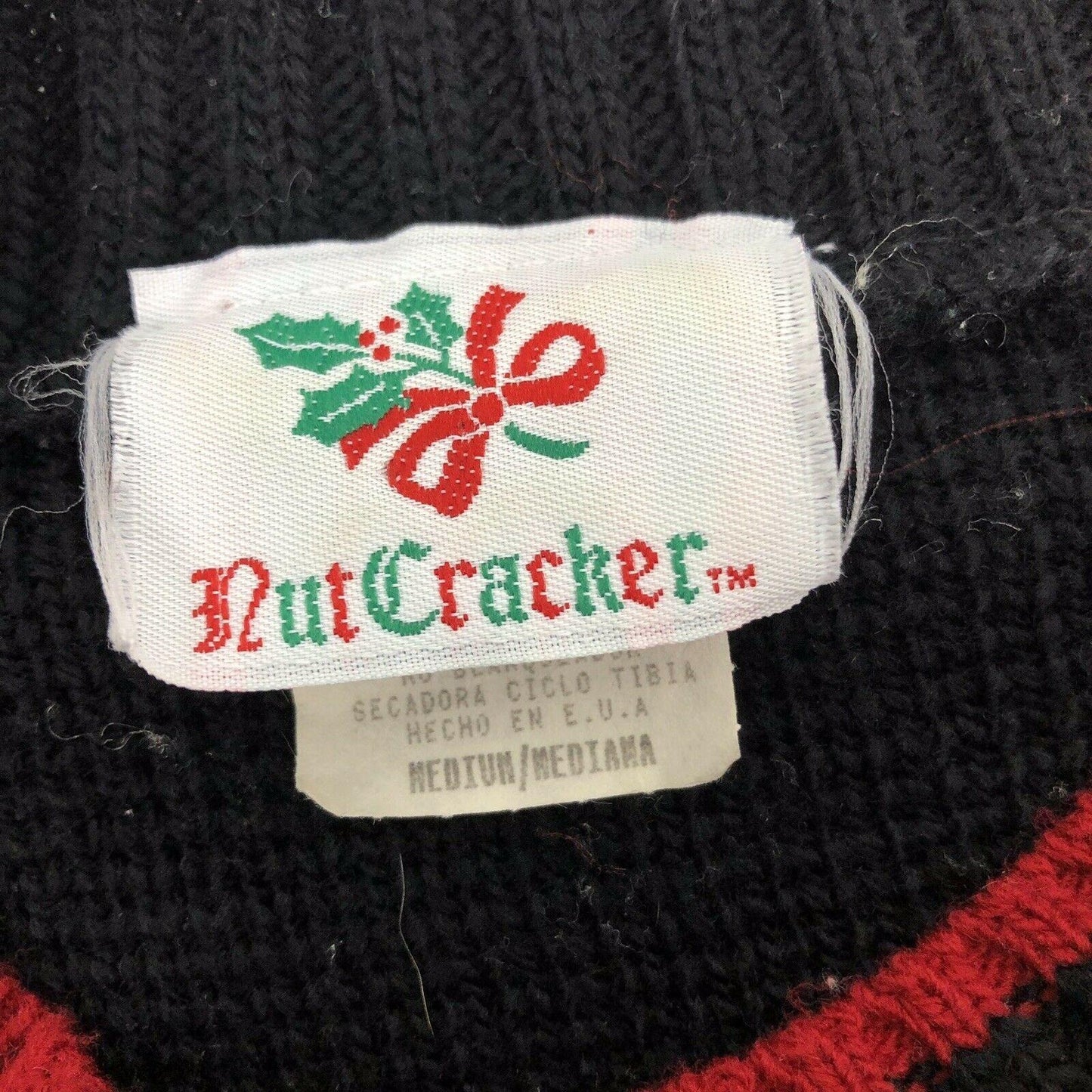 Vintage Nutcracker M Red Green Black Ugly Christmas Sweater Bells Presents Tree