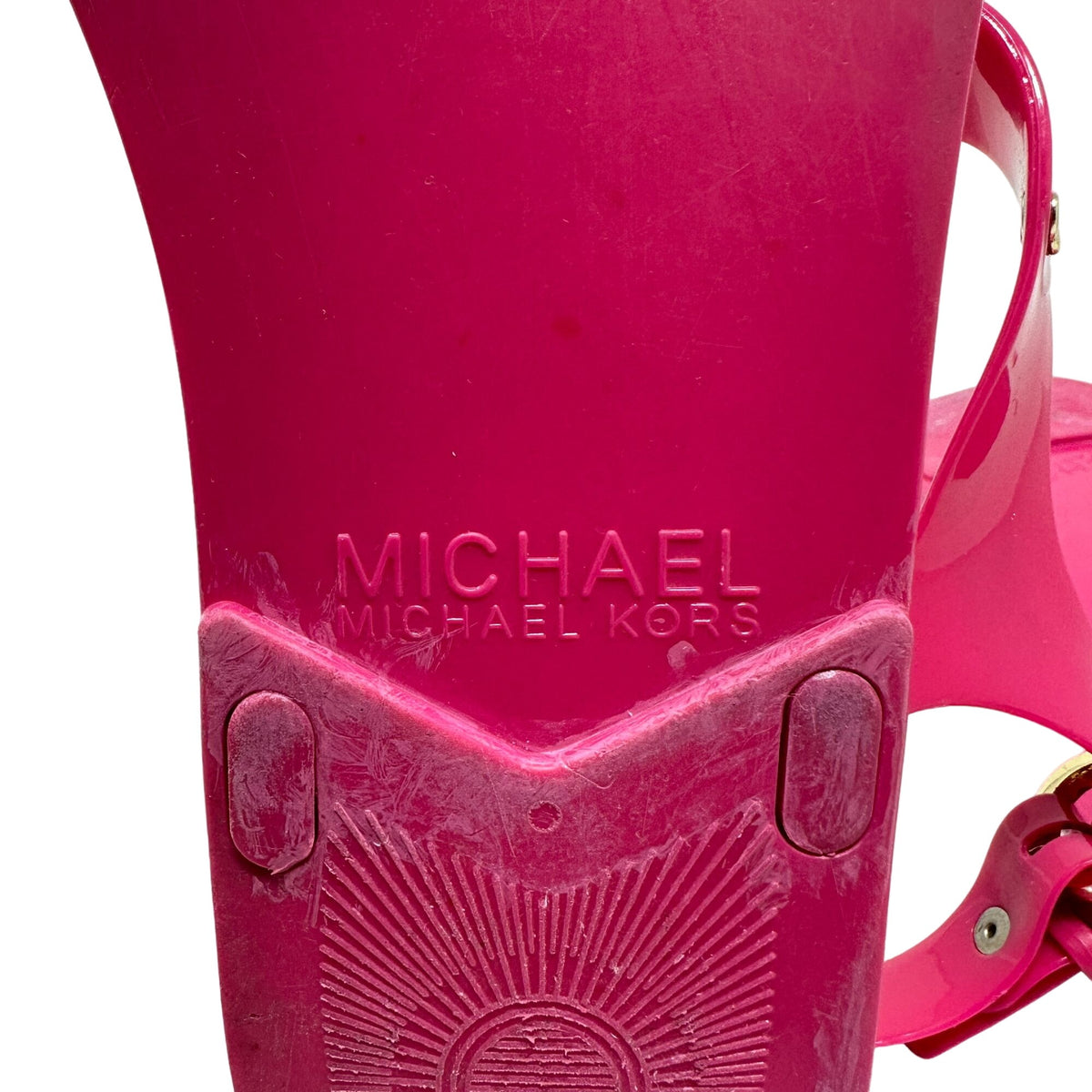 Michael Kors Womens 8M Hot Pink Jelly Sandals Logo Plate Adjustable Strap Shoes